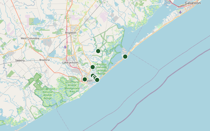 Map of the Brazosport bait stops, numbered from Lake Jackson down Hwy 332, over the Surfside bridge and up the Bluewater Highway