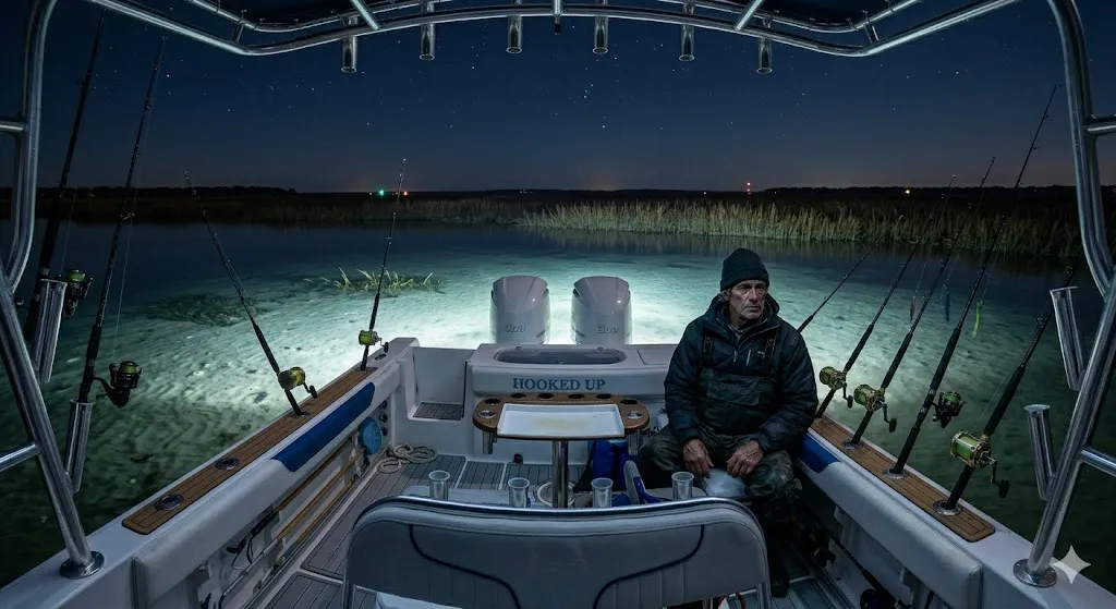 Flounder gigging at night in the Brazosport area bays, Texas Gulf Coast