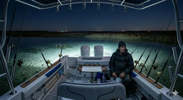 Flounder gigging at night in the Brazosport area bays, Texas Gulf Coast