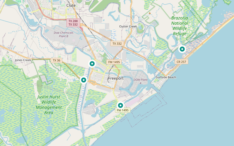 Map of Freeport, Texas fishing spots: the Municipal Park, Sonny Travis, Quintana, and Swan Lake boat ramps.