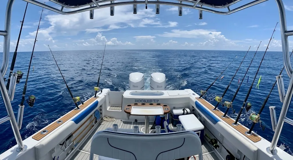 Offshore charter fishing boat on the Gulf of Mexico with fishing rods ready, representing Texas Gulf Coast charter trips