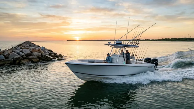 Offshore charter fishing boat leaving a Freeport jetty at sunrise