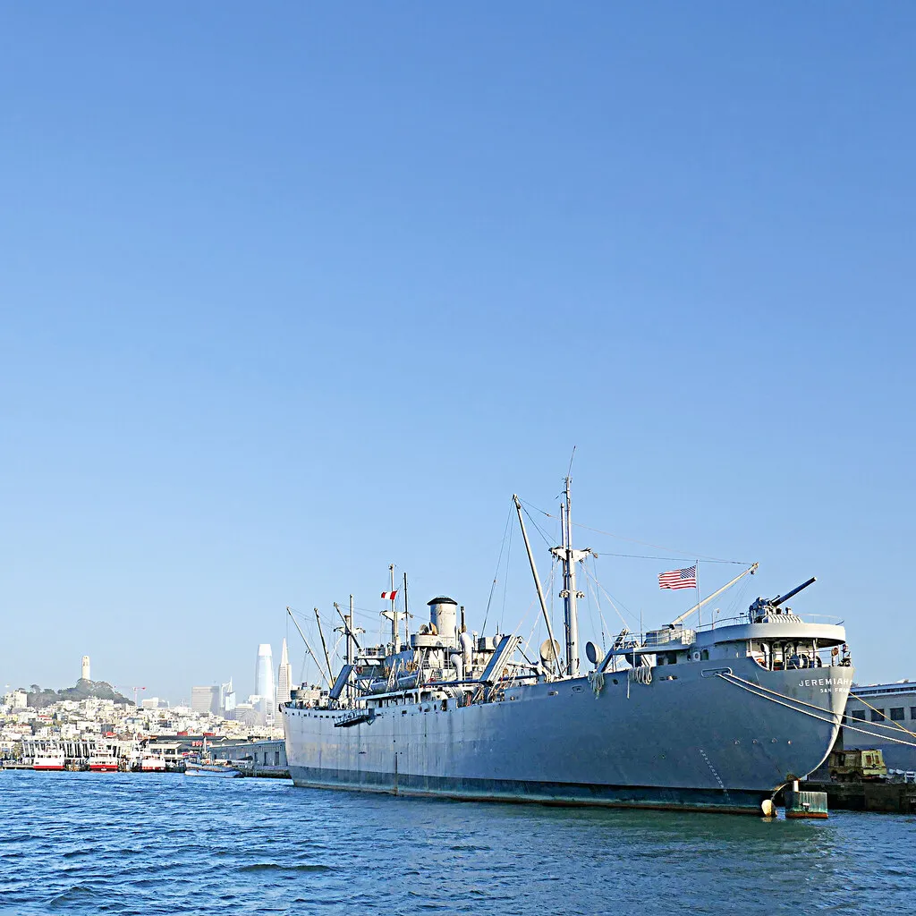 The preserved Liberty Ship SS Jeremiah O'Brien afloat, an example of the WWII cargo-ship class sunk off Freeport to build the reef complex