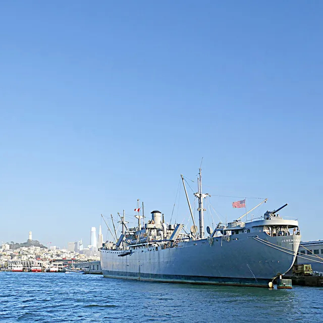 The preserved Liberty Ship SS Jeremiah O'Brien afloat, an example of the WWII cargo-ship class sunk off Freeport to build the reef complex