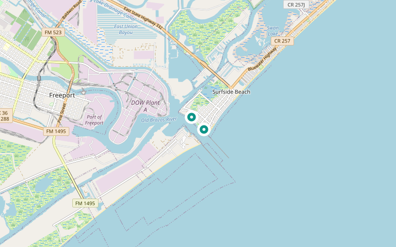 Map of Surfside Beach, Texas fishing spots: Surfside Jetty County Park and the Village of Surfside boat ramp.