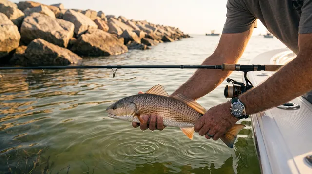 Angler holding a redfish boatside at a Gulf Coast jetty, other boats in the background