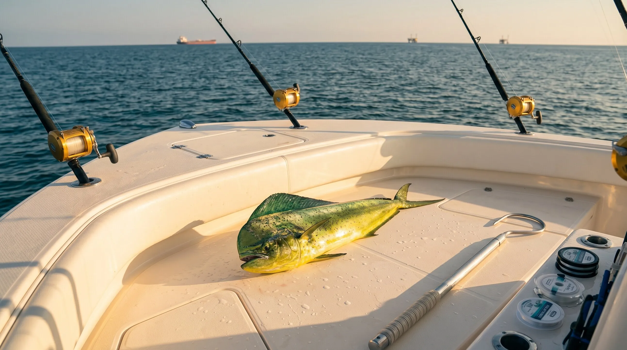 Offshore center-console charter boat with rods rigged and a mahi on deck, ships on the Gulf horizon